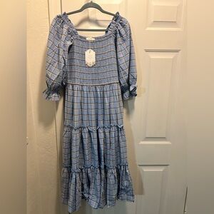 Ivy City Co. light blue Madeline plaid dress.